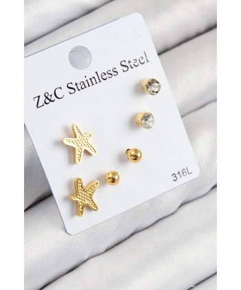 316L Çelik Zirkon Taşlı Deniz Yıldızı Model Gümüş Renk Kadın Set Küpe