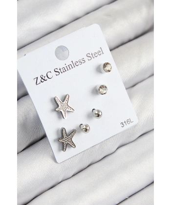 316L Çelik Zirkon Taşlı Deniz Yıldızı Model Gümüş Renk Kadın Set Küpe