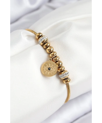 316L Çelik Zirkon Taşlı Göz Charm Model Gold Renk Kadın Bileklik