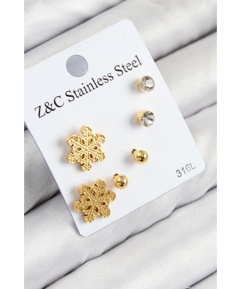 316L Çelik Zirkon Taşlı Kar Tanesi Model Gold Renk Kadın Set Küpe