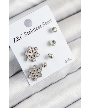 316L Çelik Zirkon Taşlı Kar Tanesi Model Gümüş Renk Kadın Set Küpe