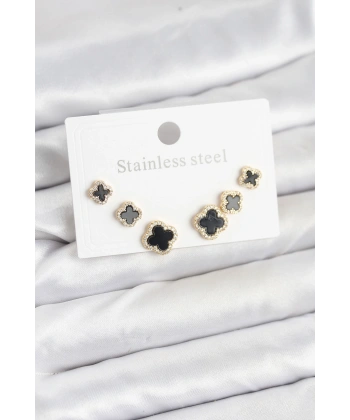 316L Çelik Zirkon Taşlı Yonca Model Kadın Küpe Seti