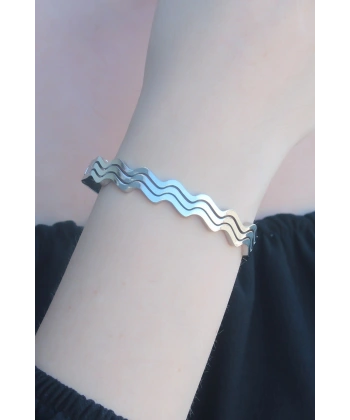 316L Kararmaz Çelik Gümüş Renk Dalga Model Kelepçe Kadın Bileklik