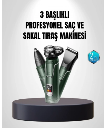 3D Akıllı Kesim Teknolojili Şarjlı Tıraş Seti – 3 Başlıklı, Paslanmaz Çelik Bıçaklı