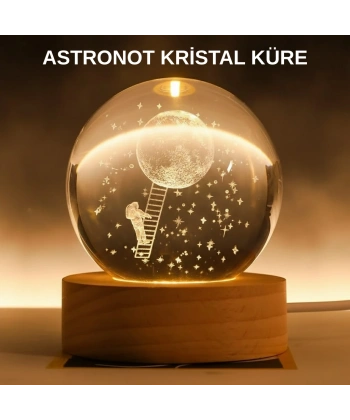 3D Astronot Kristal Küre Gece Lambası USB Ahşap Standlı Dekoratif Işık