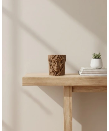 3D Doğal Ahşap Görünümlü Yüz Detaylı Dekoratif Vazo Sanat Tasarım