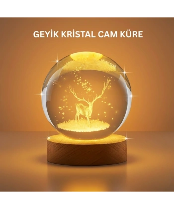 3D Geyik Desenli Kristal Küre USB Işıklı Ahşap Tabanlı Oda Lambası