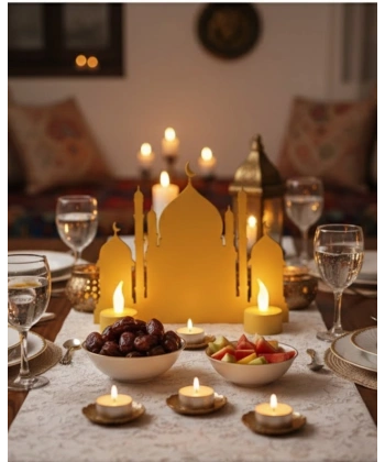 3D İki Mumlu Cami Dekor 2 Pilli LED Mum Hediyeli Masa Üstü Süs