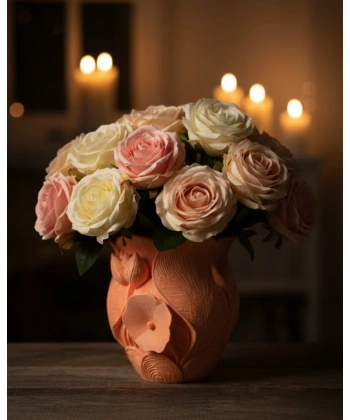 3D Kabartmalı Çiçek Motifli Turuncu Dekoratif Vazo