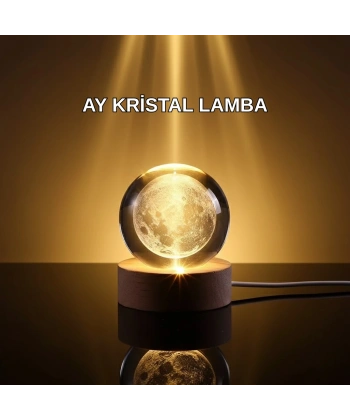 3D Lazer İşlemeli Ay Küresi Ahşap Standlı USB Bağlantılı Dekoratif Lamba