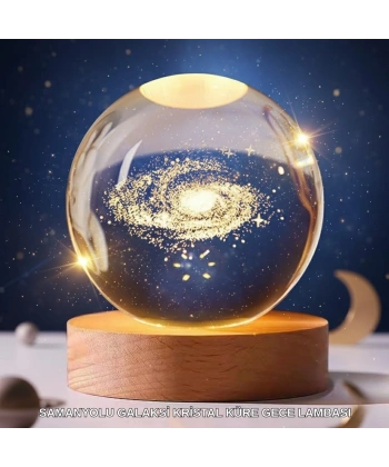 3D Lazer İşlemeli Galaksi Küre USB LED Ahşap Standlı Oda Gece Lambası