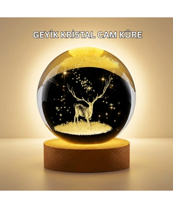 3D Lazer İşlemeli Geyik Kristal Küre Sıcak Işıklı Gece Aydınlatması