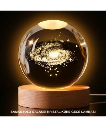 3D Samanyolu Galaksi Kristal Küre USB LED Işıklı Ahşap Standlı Gece Lambası