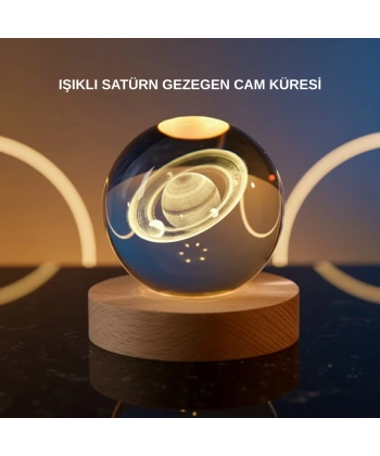 3D Satürn Gravürlü Kristal Küre Dekoratif LED Işıklı Gece Lambası
