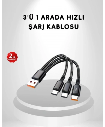3’ü 1 Arada Hızlı Şarj Kablosu iOS Android Type-C Uyumlu ve Dayanıklı