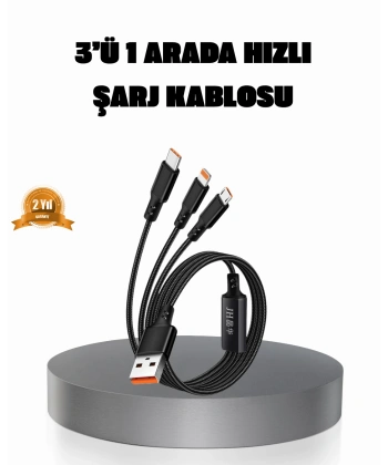 3’ü 1 Arada Şarj Kablosu Type-C iOS Android Uyumlu Hızlı ve Güvenli Şarj