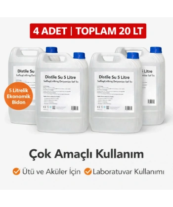 4 Adet Distile Su 5 Litre Toplam 20 Litre Saflaştırılmış Deiyonize Saf Su Çok Amaçlı Kullanım