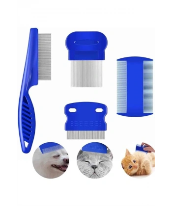 4lü Bit Pire Tarağı Set Kedi Köpek Evcil Hayvan Tüy Toplayıcı Mavi