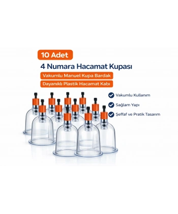 4 Numara Hacamat Kupası 10 Adet Vakumlu Manuel Kupa Bardak Dayanıklı Plastik Hacamat Kabı