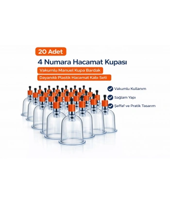 4 Numara Hacamat Kupası 20 Adet Vakumlu Manuel Kupa Bardak Dayanıklı Plastik Hacamat Kabı