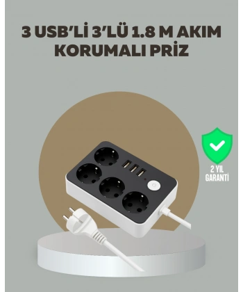 4 Prizli 3 USB Portlu Anahtarlı Akım Korumalı Priz