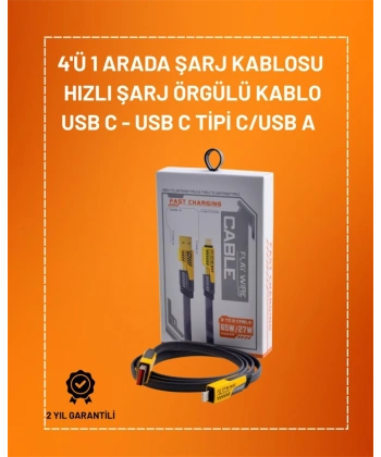 4ü 1 Arada USB Hızlı Şarj ve Veri Kablosu – 65W Güç, Çoklu Bağlantı, 1.2m