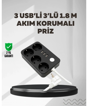 4.1A Hızlı Şarjlı Akım Korumalı 4 Priz ve 3 USB Çıkışlı Priz