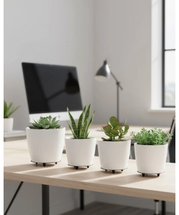 4’lü 3D Beyaz Minimal Dekoratif Vazo Ayaklı Saksı Takımı