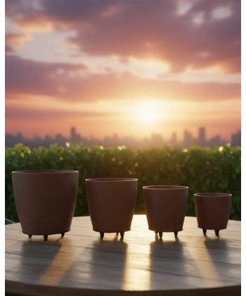 4’lü 3D Kahverengi Ayaklı Dekoratif Saksı Takımı Modern Tasarım