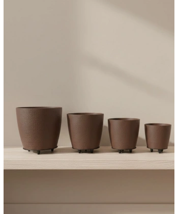 4’lü 3D Kahverengi Dekoratif Vazo Seti Modern Ayaklı Şık Saksı Takımı