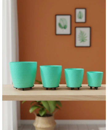 4’lü 3D Yeşil Dekoratif Vazo Seti Modern Ayaklı Şık Saksı Takımı