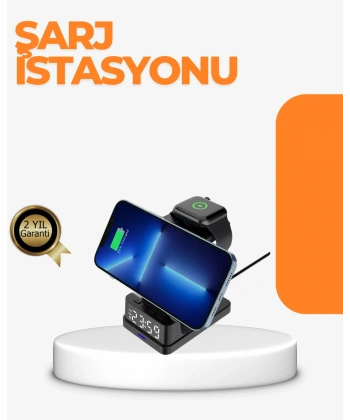 4’ü 1 Arada Kablosuz Şarj İstasyonu – LED Saat Ekranlı, Apple Uyumlu, Akıllı Güvenlik Koruması
