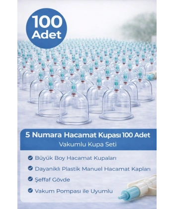 5 Numara Hacamat Kupası 100 Adet Vakumlu Kupa Seti – Manuel Pompa Uyumlu Şeffaf Plastik Büyük Boy Hacamat Kabı
