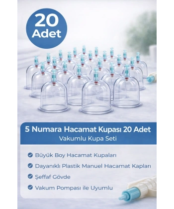 5 Numara Hacamat Kupası 20 Adet Vakumlu Kupa Seti – Manuel Pompa Uyumlu Şeffaf Plastik Büyük Boy Hacamat Kabı