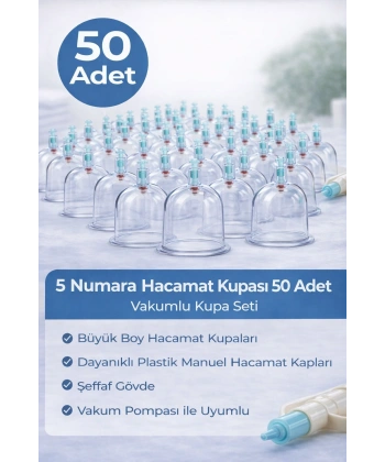 5 Numara Hacamat Kupası 50 Adet Vakumlu Kupa Seti – Manuel Pompa Uyumlu Şeffaf Plastik Büyük Boy Hacamat Kabı