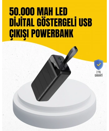 50.000 mAh Kapasiteli Powerbank – Hızlı Şarj Destekli, 4 USB Portlu, LED Işıklı Taşınabilir Enerji Deposu