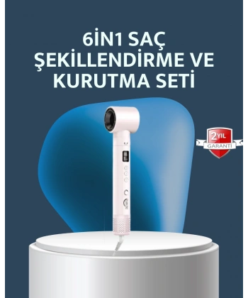 6-in-1 Saç Şekillendirme Seti Yüksek Hızlı Motor Negatif İyon LCD Ekran