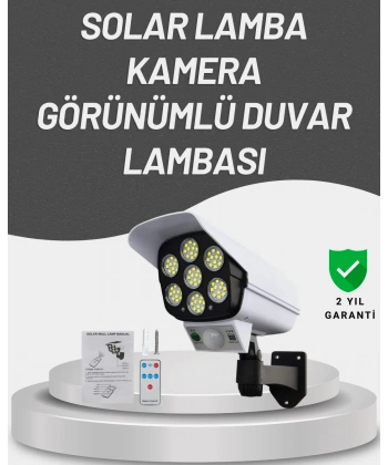 77 LEDli Güneş Enerjili Güvenlik Lambası ve Kukla Kamera – Hareket Sensörlü, 2400mAh Pilli