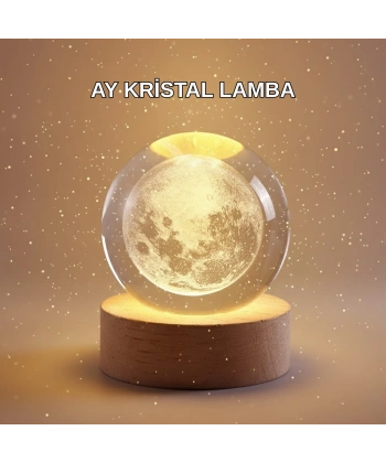 8 cm Ay Desenli Kristal Küre Sıcak LED Işıklı Ahşap Tabanlı Oda Lambası
