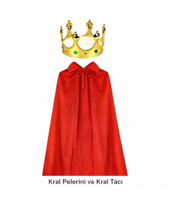 90 cm Kral Pelerini ve Altın Kral Tacı Seti