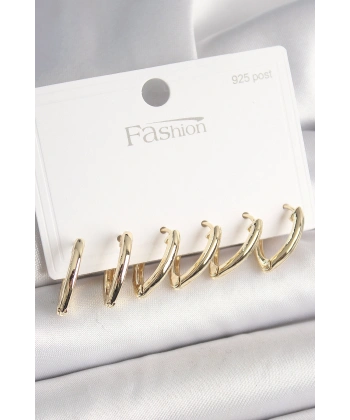 925 Ayar Gümüş Çivi Pirinç Gold Renk Üçgen Model Kadın Küpe Seti