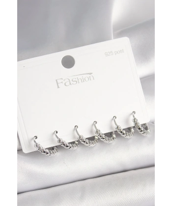 925 Ayar Gümüş Çivi Pirinç Gümüş Renk Kalp İşlemeli Halka Model Kadın Küpe Seti