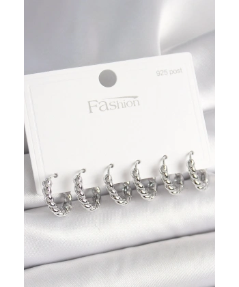 925 Ayar Gümüş Çivi Pirinç Gümüş Renk Sarmal Halka Model Kadın Küpe Seti