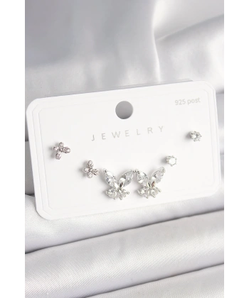 925 Ayar Gümüş Çivi Pirinç Zirkon Taşlı Kelebek Model Kadın Küpe Seti