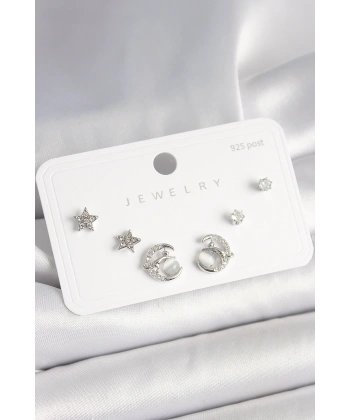 925 Ayar Gümüş Çivi Zirkon Taşlı Hilal Yıldız Model Kadın Küpe Seti