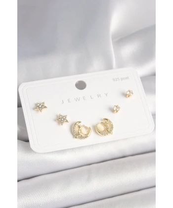 925 Ayar Gümüş Çivi Zirkon Taşlı Hilal Yıldız Model Kadın Küpe Seti