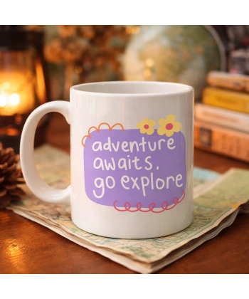Adventure Awaits Go Explore Yazılı Porselen Kupa MODEL 157 – Motivasyon Temalı, Sevimli Tasarım, Kahve & Çay Kupası