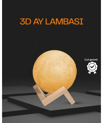 Ahşap Standlı 3D Baskı Ay Lambası 16 Renkli ve Şarjlı