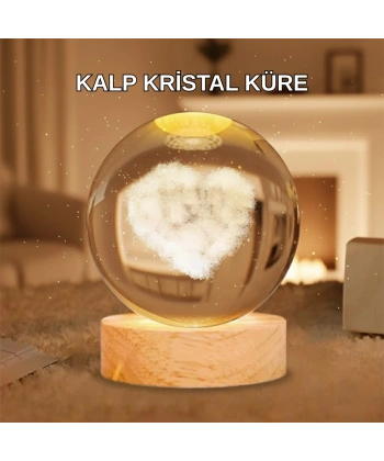Ahşap Standlı Kalp Motifli Işıklı Cam Küre Hediye Seçeneği
