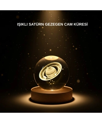 Ahşap Tabanlı 3D Satürn Kristal Küre Atmosfer Lambası
